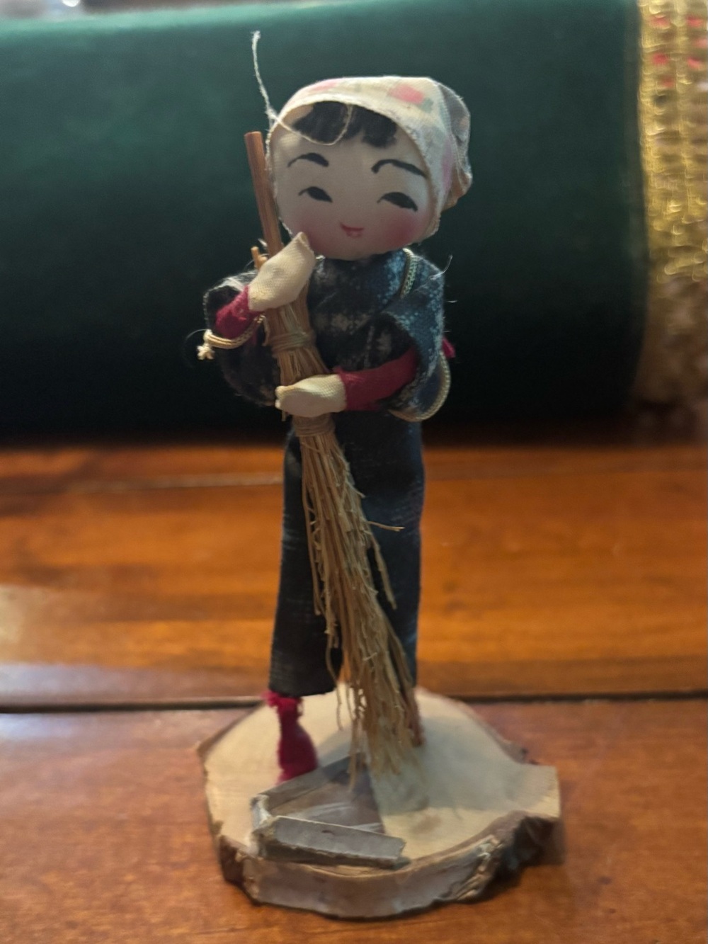 Vintage Japanese Cloth Doll Woman Sweeping Broom Wood Base Made in Japan